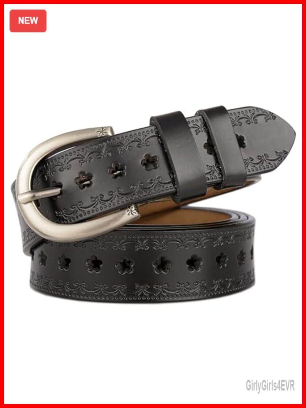 Women Vintage Floral Engraved Embossed Leather Western Belt for Jeans Dresses